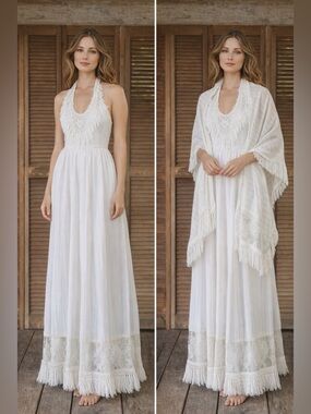 NWT Vintage Bohemian White Long Halter Dress with Matching Shawl